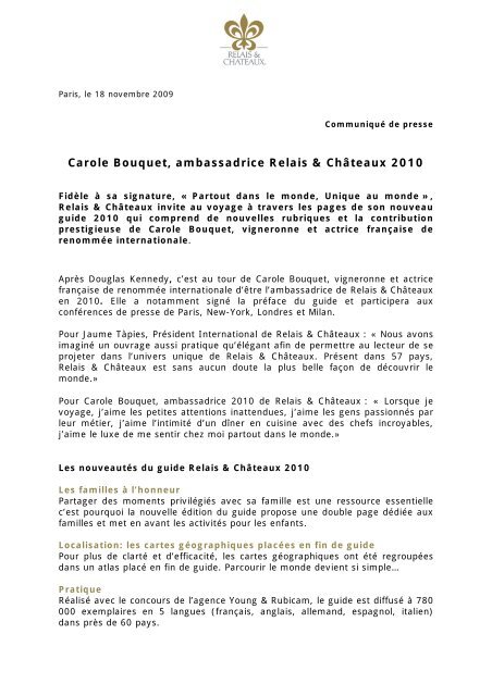 Carole Bouquet, ambassadrice Relais & ChÃ¢teaux 2010