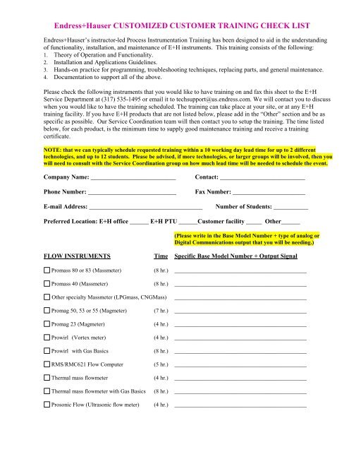 Customized Customer Training Checklist Pdf Endress Hauser
