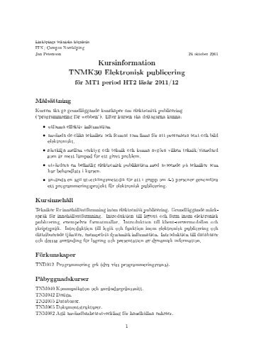 Kursinformation TNMK30 Elektronisk publicering