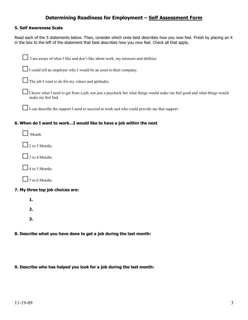 Determining Readiness for Employment â Self Assessment Form