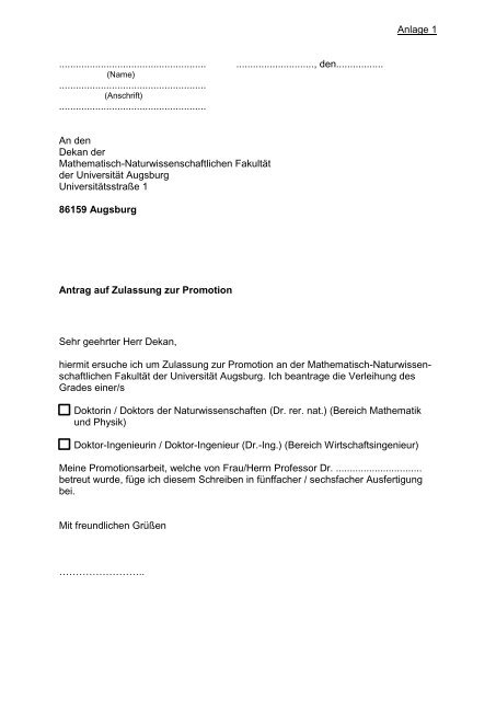 Antrag auf Zulassung (Anlage 1) - Universität Augsburg