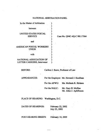 Snow Award Arbitration Panel; USPS, APWU, NALC-April 29, 2003