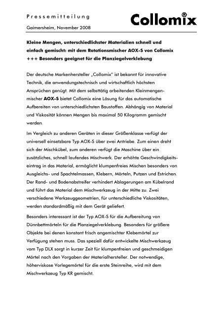 Collomix Rotationsmischer AOX-S 1,1kW - Für Mörtel, Putz & Fliesenkleber