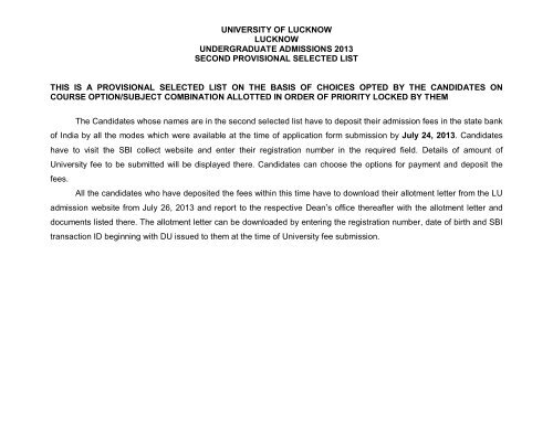 university of lucknow lucknow undergraduate admissions 2013 ...