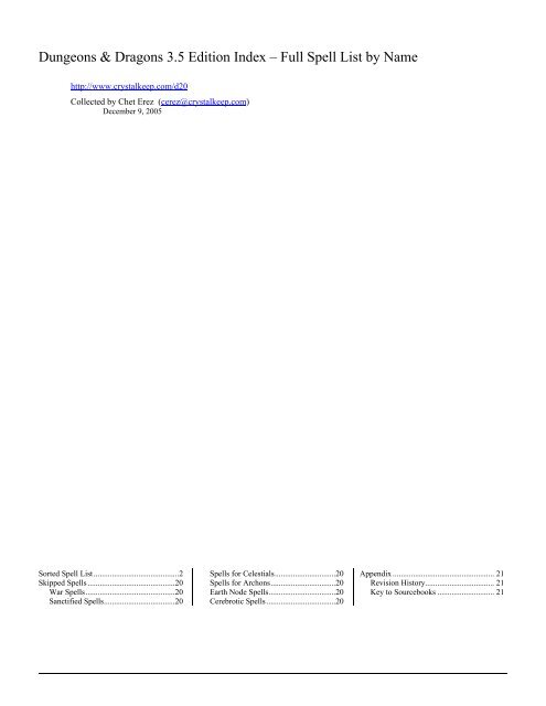 Dungeons &amp; Dragons 3.5 Edition Index â Full Spell List by Name