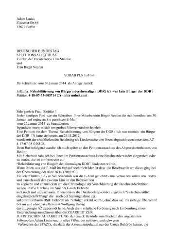 Petitionsausschuss des Deutschen Bundestages deckt die Strafvereitelung der Gaucks Behörde 1994