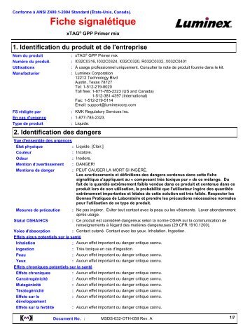 Fiche signalÃ©tique 1. Identification du produit et de l ... - Luminex