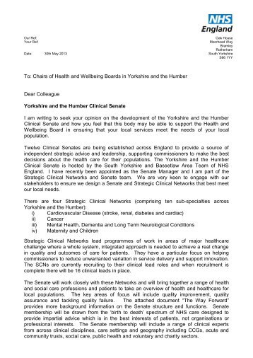 5i CO App A NHSE Letter to HWBB re Senates - NHS Rotherham
