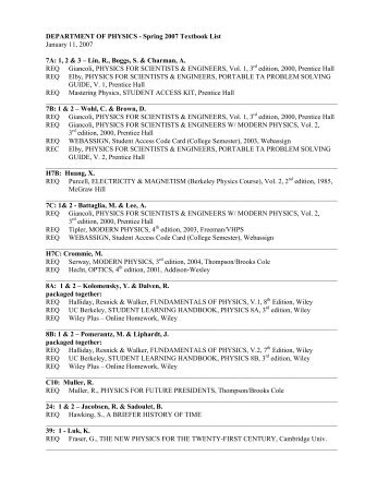 DEPARTMENT OF PHYSICS - Spring 2007 Textbook List January ...