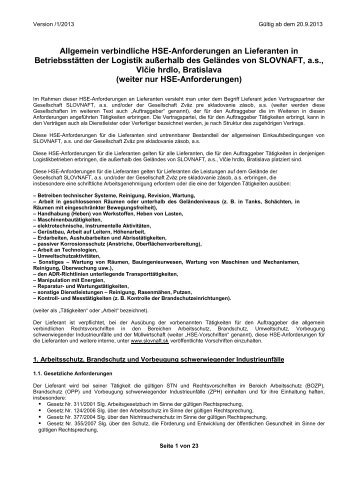Všeobecne záväzné HSE požiadavky na dodávateľov ... - Slovnaft
