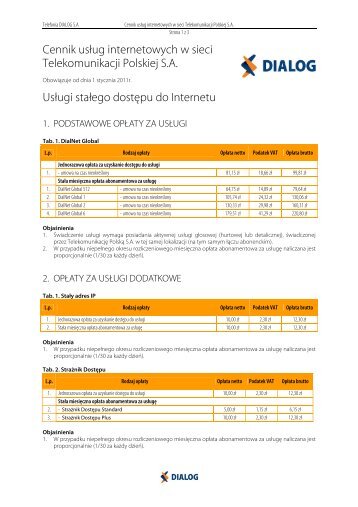 Cennik usÅug internetowych w sieci Telekomunikacji ... - Dialog