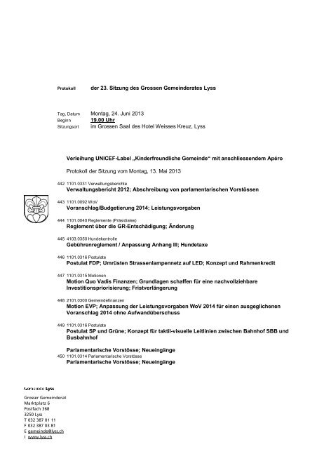 der 23. Sitzung des Grossen Gemeinderates Lyss ... - Gemeinde Lyss