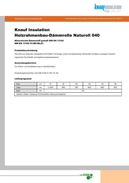 Holzrahmenbau-DÃ¤mmrolle Naturoll 040 - Knauf Insulation