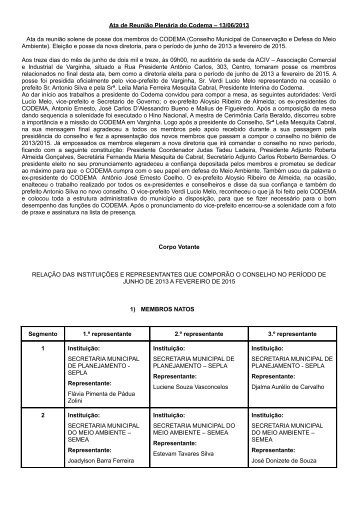 Ata de ReuniÃ£o PlenÃ¡ria do Codema â 13/06/2013 Ata da reuniÃ£o ...