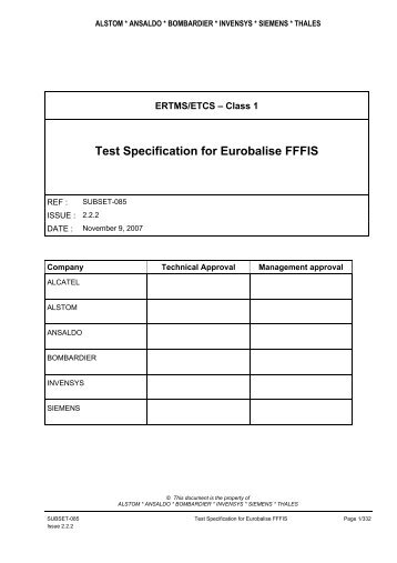 Test Specification for Eurobalise FFFIS