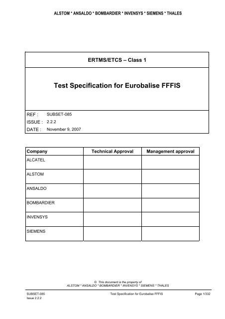 Test Specification for Eurobalise FFFIS