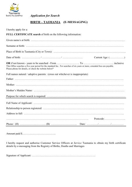 Birth Certificate application form [PDF] - Tasmanian Department of ...