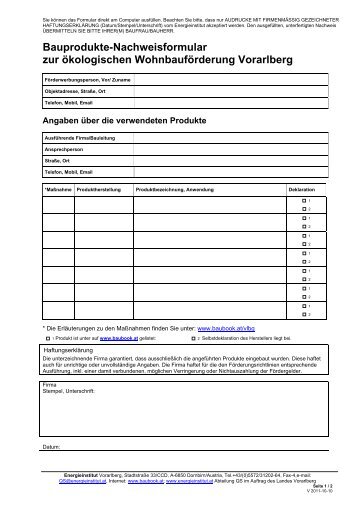 Bauprodukte-Nachweisformular - Energieinstitut Vorarlberg