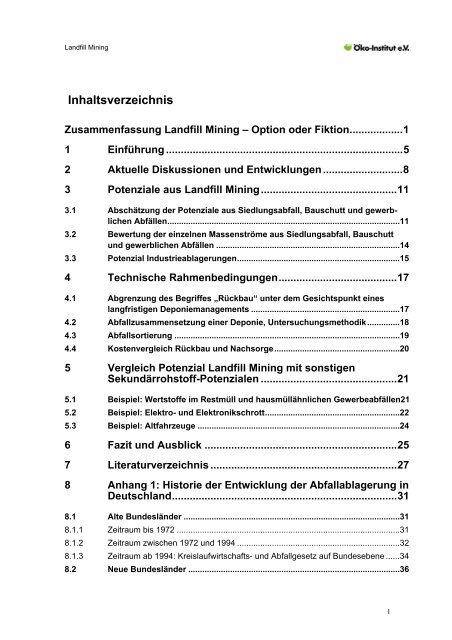 Landfill Mining - Option oder Fiktion? - Öko-Institut eV