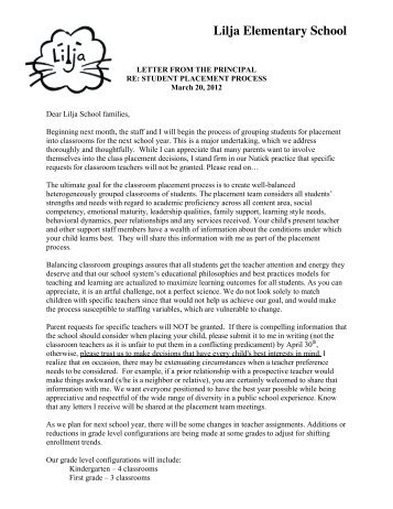 Placement Letter to Parents - Natick Public Schools