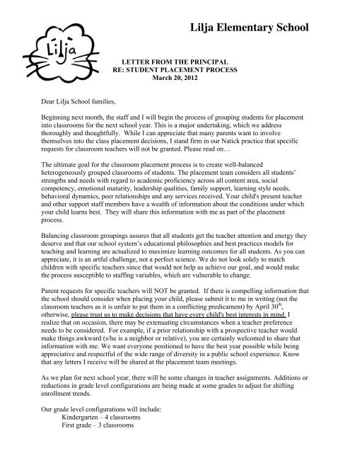 Placement Letter to Parents - Natick Public Schools