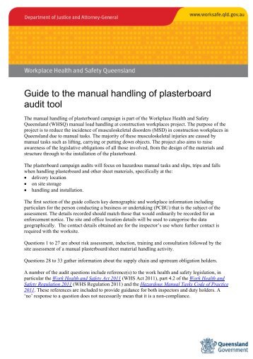 Guide to the manual handling of plasterboard audit tool