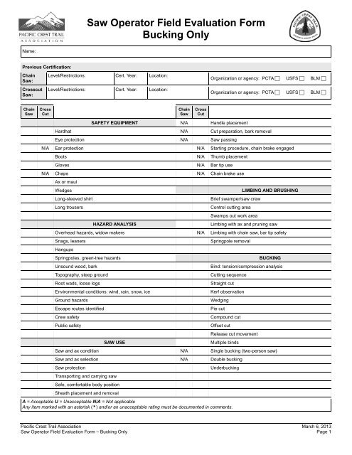 PCTA Saw Operator Field Evaluation Form - Pacific Crest Trail ...