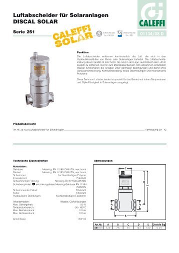 Luftabscheider für Solaranlagen DISCAL SOLAR - Caleffi