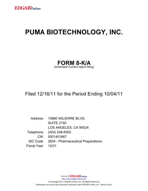 PUMA BIOTECHNOLOGY, INC. FORM 8-K/A - Shareholder.com