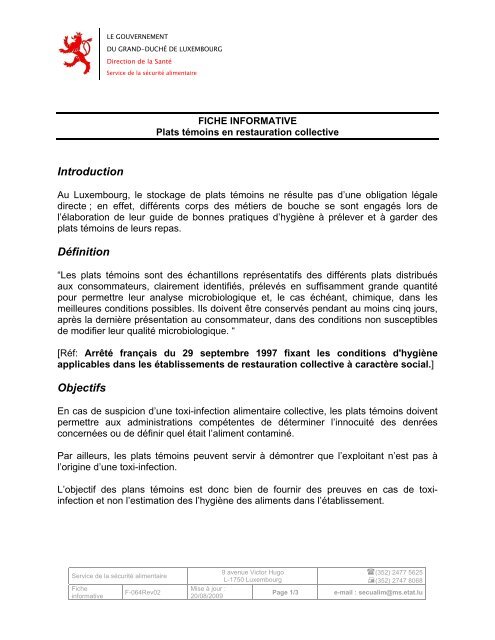 Plats Temoins En Restauration Collective Securite Alimentaire