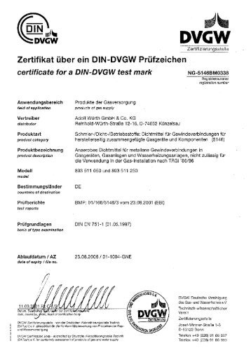 Zertifikat über ein Dln-Dvgw Prüfzeichen