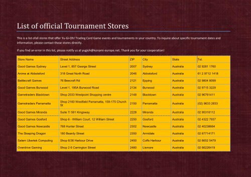 List of official Tournament Stores - Yu-Gi-Oh!