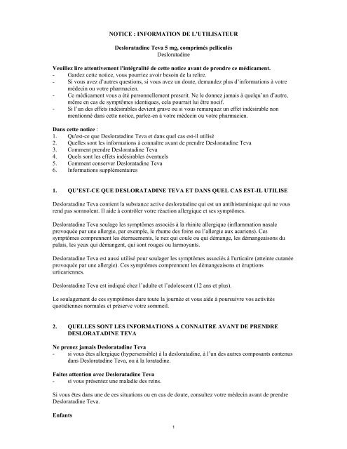 NOTICE : INFORMATION DE L'UTILISATEUR Desloratadine Teva 5 ...