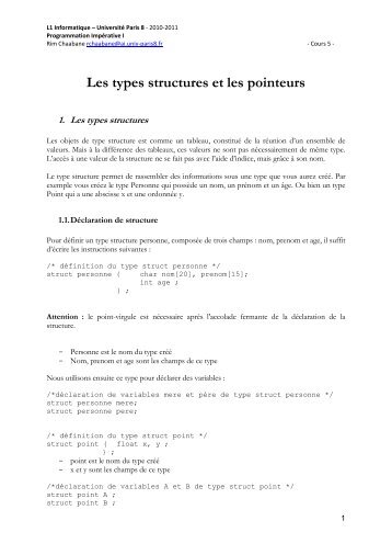 Les types structures et les pointeurs - UniversitÃ© Paris 8