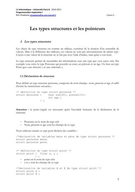 Les types structures et les pointeurs - UniversitÃ© Paris 8