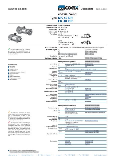 Type coaxial Ventil MK 40 DR FK 40 DR - müller co-ax ag