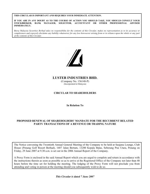 Luster Industries Bhd Announcements Bursa Malaysia