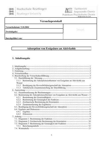 Versuchsprotokoll Adsorption von EssigsÃ¤ure an Aktivkohle