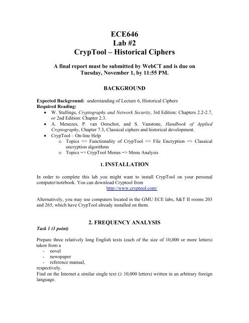 ECE646 Lab #2 CrypTool Ã¢Â€Â“ Historical Ciphers