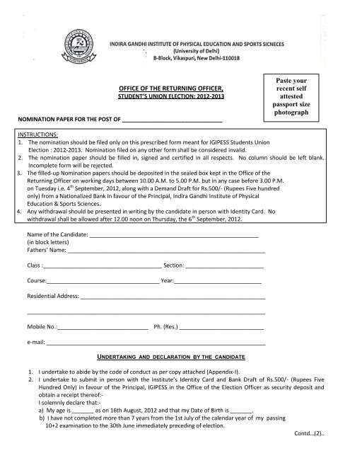 Nomination Form - Indira Gandhi Institute of Physical Education and ...