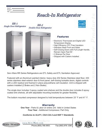 Serv-Ware RR-1 Refrigerator Spec Sheet - PizzaOvens.com