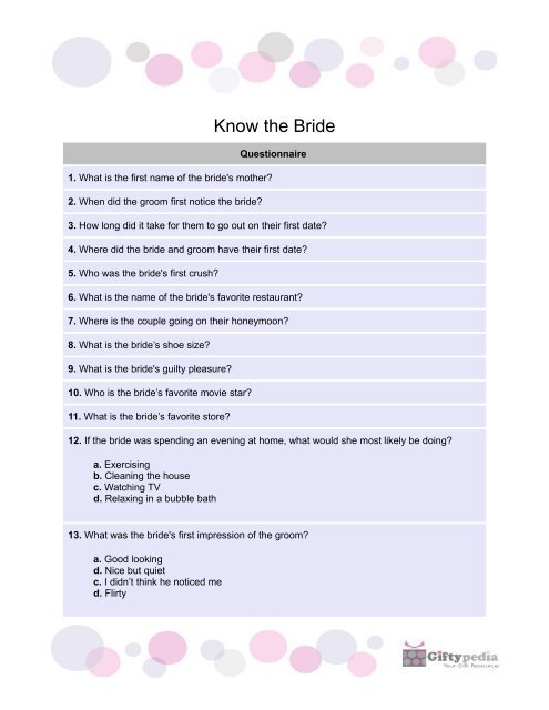 Know the Bride Questionnaire - Giftypedia