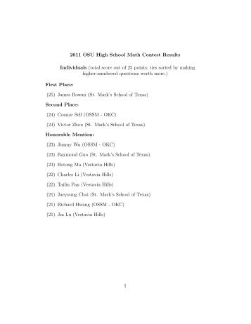 2011 OSU High School Math Contest Results Individuals (total score ...