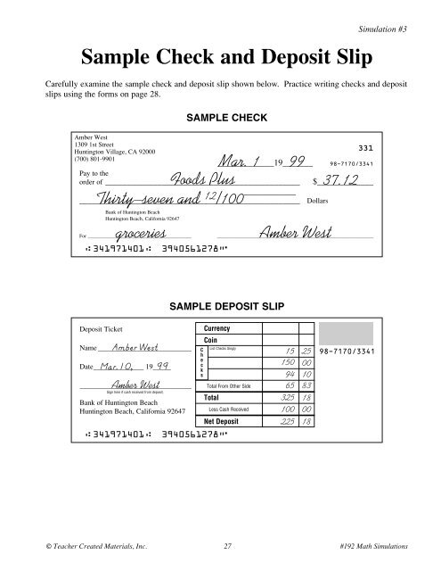 Sample Check And Deposit Slip - Education World