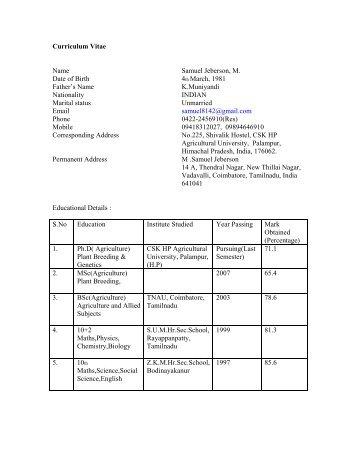 Curriculum Vitae Name Date of Birth Father's Name ... - SeedQuest