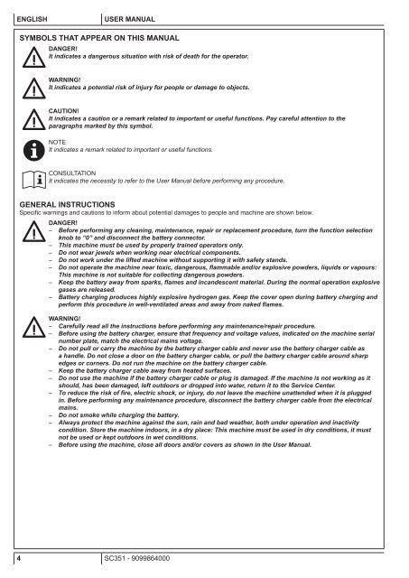 SC351 USER MANUAL - Nilfisk PARTS - Nilfisk-Advance