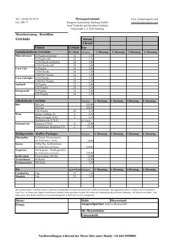 Messegastronomie Bestellliste