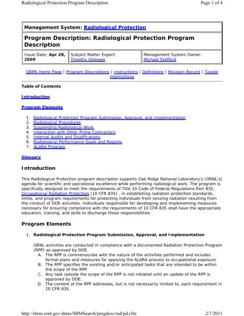 Radiological Protection Program Description - Oak Ridge National ...