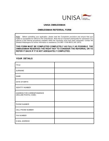 unisa ombudsman ombudsman referral form your details