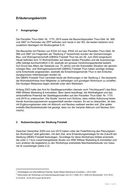 Erläuterungsbericht zur Zone mit Planungspflicht Freistatt - Thun